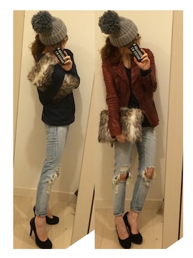 「アイテム（ライダースジャケット、レッド系）」を使った、chikaさん（レディース・162cm）の冬コーディネート