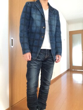 「JACKROSE（ジャックローズ）のハイパーストレッチスタンダード加工デニム（デニムパンツ）」を使った、あっきーさん（メンズ・165cm）の秋コーディネート