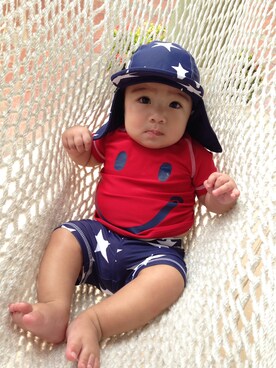 「アイテム（水着、レッド系）」を使った、Maximusさん（キッズ・31cm）の夏コーディネート