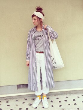 「BEAMS BOY（ビームスボーイ）のBEAMS BOY / ストライプ B.D. シャツワンピース（シャツワンピース）」を使った、ちばのぞみ。さん（レディース・165cm）の春コーディネート