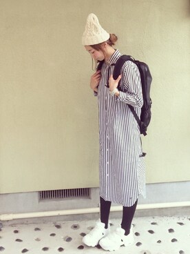 「BEAMS BOY（ビームスボーイ）のBEAMS BOY / ストライプ B.D. シャツワンピース（シャツワンピース）」を使った、ちばのぞみ。さん（レディース・165cm）の秋コーディネート