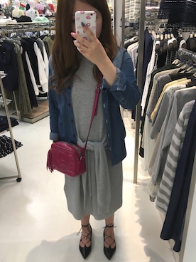 「ダンガリーシャツ」｜「アイテム（ワンピース/ドレス）」を使った、riko.12さん（レディース・156cm）の春コーディネート
