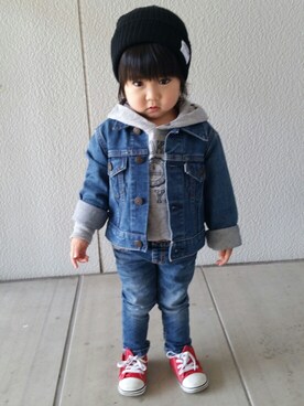 「EDWIN（エドウィン）のアイテム（デニムジャケット）」を使った、チェリーさん（キッズ・90cm）の春コーディネート