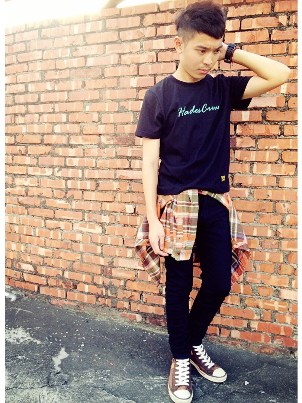 「black、hot、Mid-Autumn Festival」｜「BEAMS PLUSのBEAMS PLUS / オックスフォード ボタンダウン チェックシャツ 14A/W（シャツ/ブラウス、オレンジ系）」を使った、Josephさん（メンズ・163cm）の秋コーディネートの1枚目の写真