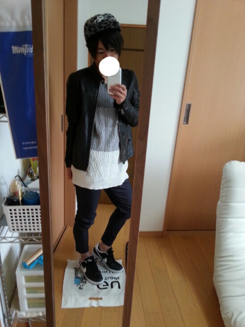 「ライダース、ニット、サマーニット、ストライプパンツ、スニーカー、NIKE、HARE、キャップ、休日スタイル」｜「RAGEBLUEのガラベースボールキャップFW/531411（キャップ、グレー系）」を使った、kokkyさん（メンズ・160cm）の春コーディネートの1枚目の写真