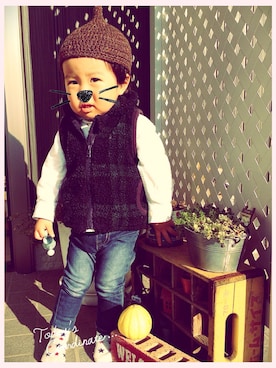 「アイテム（ダウンベスト、その他）」を使った、JOEさん（キッズ・70cm）の秋コーディネート