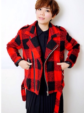 「red」｜「アイテム（ライダースジャケット）」を使った、Abbyさん（レディース・157cm）の冬コーディネート