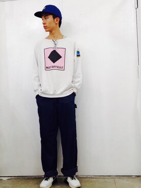 「usedのused…ロゴプリントスウェット（スウェット、ホワイト系）」を使った、壮さん（メンズ・178cm）の秋コーディネート