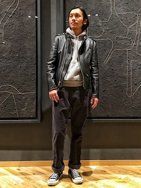 「男気japan」｜「アイテム（ライダースジャケット）」を使った、YMNさん（メンズ・175cm）の冬コーディネート