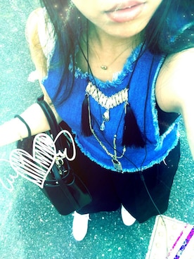「ZARA（ザラ）のアイテム（Tシャツ/カットソー、ブルー系）」を使った、Yuka#Sさん（レディース・150cm）の夏コーディネート