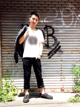 「アイテム（ノーカラージャケット）」を使った、MiULiiR Tanakaさん（メンズ・170cm）の夏コーディネート