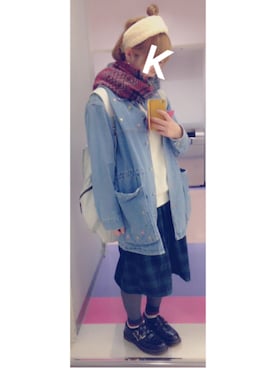 「だぼだぼ」｜「アイテム（デニムジャケット）」を使った、きーこさん（レディース・153cm）の冬コーディネート