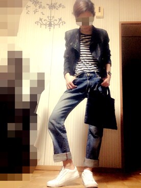「カッコイイ女子」｜「アイテム（ライダースジャケット）」を使った、あろまんØさん（レディース・160cm）の春コーディネート