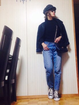 「テーパードデニム」｜「アイテム（ライダースジャケット）」を使った、あろまんØさん（レディース・160cm）の秋コーディネート