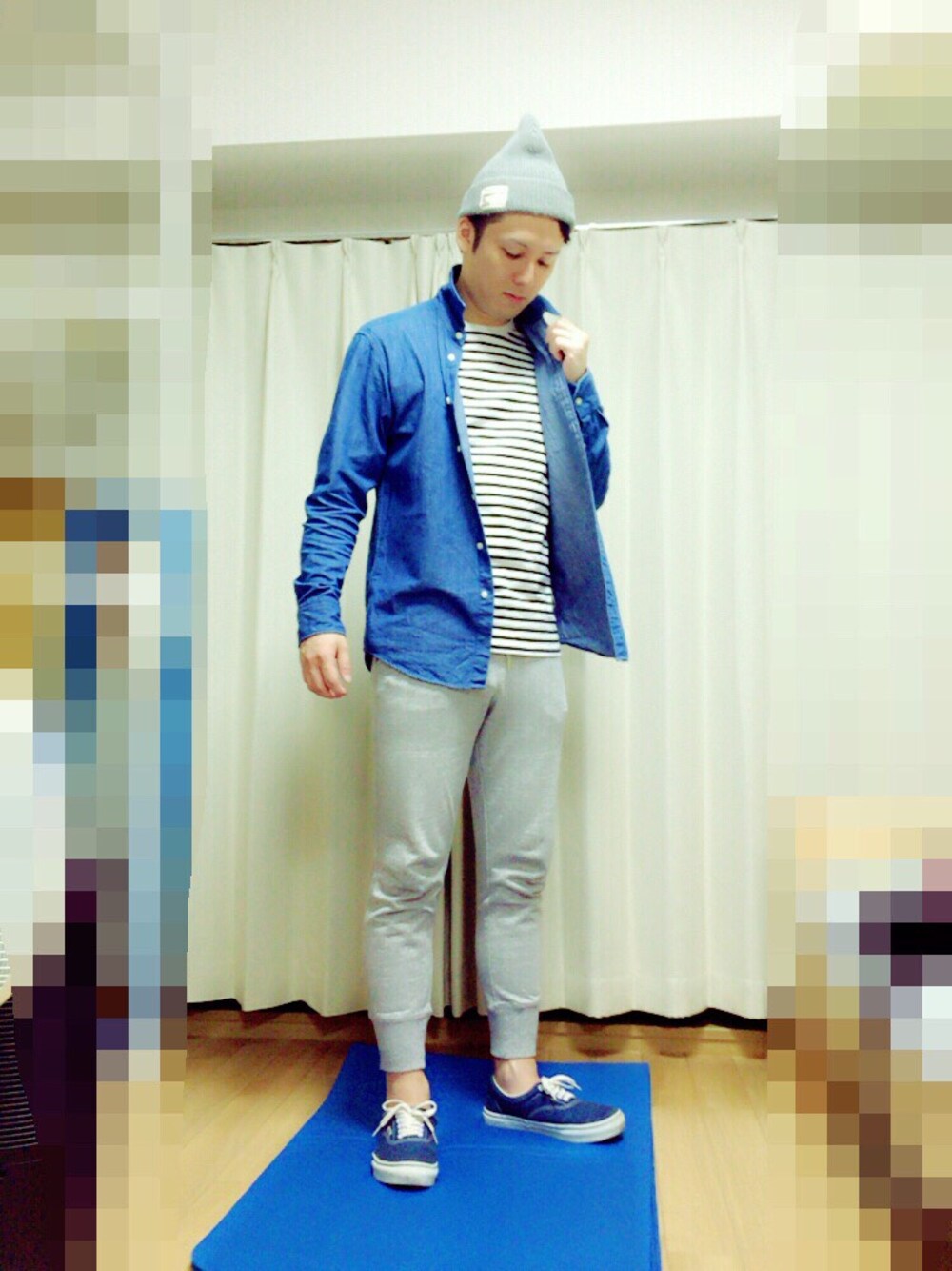 「ボーダー、秋コーデ、クロップド、スウェット、デニム、ニットキャップ、ニット、大人カジュアル、UNIQLO、GU」｜「CIAOPANICのアイテム（ニットキャップ/ビーニー、グレー系）」を使った、たぼさん（メンズ・174cm）の秋コーディネートの1枚目の写真