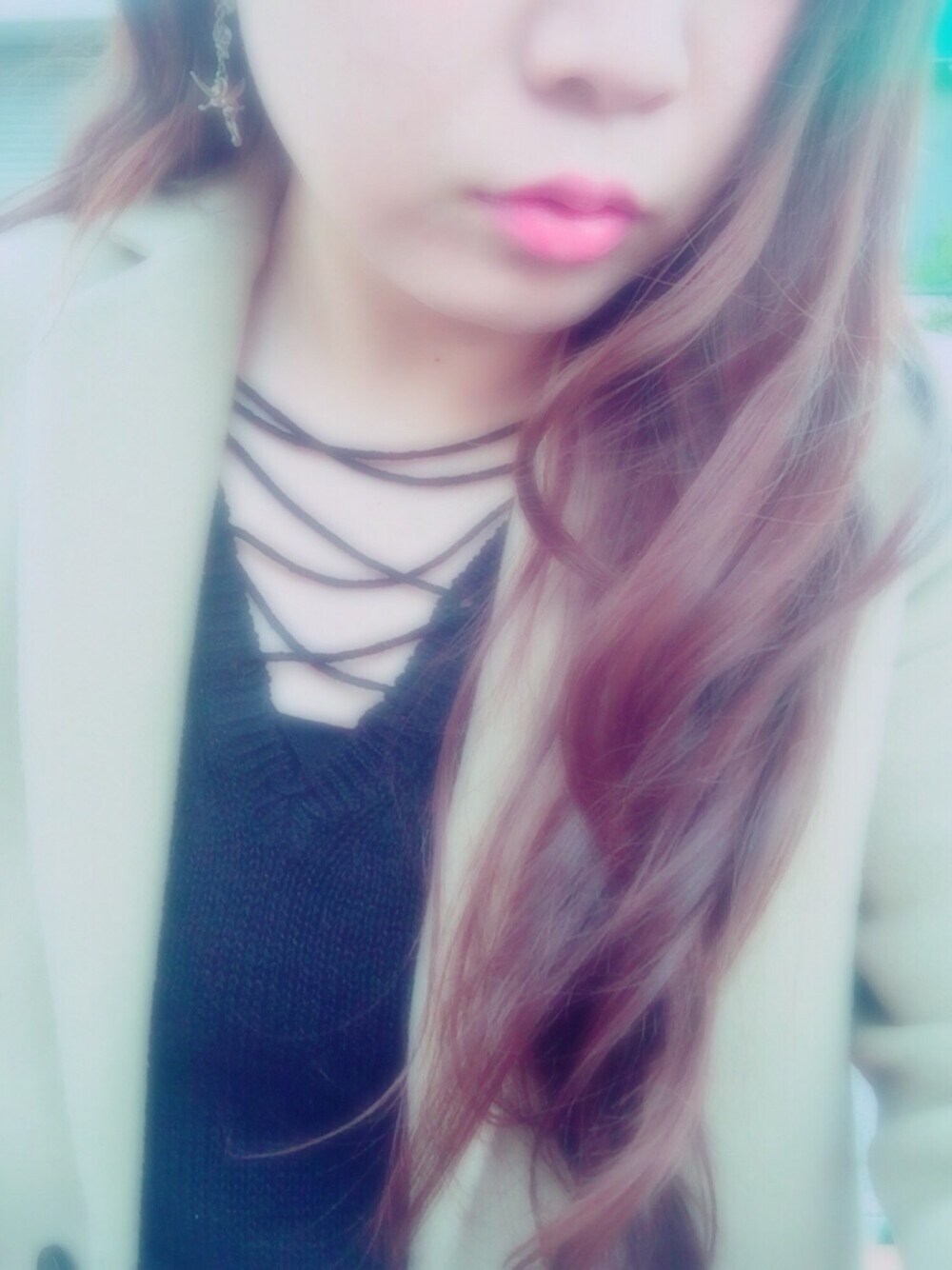 「春コーデ、EMODA、FRAY I.D、レースアップ、ootd」｜「EMODAのV LACE UP KNIT トップ（ニット/セーター、ブラック系）」を使った、みたたんさん（レディース・158cm）の春コーディネートの1枚目の写真