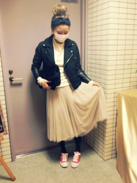 「Banner Barrett（バナーバレット）のアイテム（ライダースジャケット）」を使った、田中里奈さん（レディース・158cm）の冬コーディネート