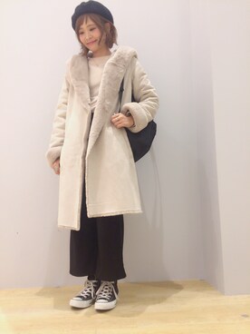 「earth music&ecology（アースミュージックアンドエコロジー）のアイテム（ムートンコート）」を使った、ぐちょめさん（レディース・157cm）の秋コーディネート