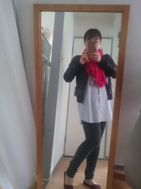 「Rouge vif（ルージュヴィフ）のアイテム（ライダースジャケット）」を使った、程嶋日奈子さん（レディース・153cm）の春コーディネート