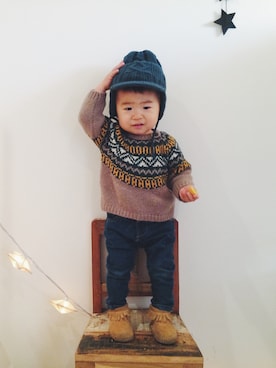 「カウチンセーター」｜「アイテム（モカシン/デッキシューズ）」を使った、☁︎ aohi ＋ roco ☁︎さん（キッズ・70cm）の冬コーディネート