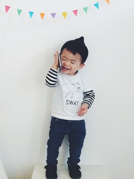 「ボーダーTシャツ」｜☁︎ aohi ＋ roco ☁︎さん（キッズ・70cm）の冬コーディネート