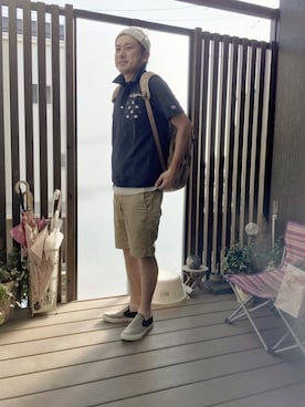 「アイテム（ポロシャツ）」を使った、Michiさん（メンズ・177cm）の夏コーディネート