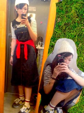 「お買い物」｜「アイテム（ニットキャップ/ビーニー）」を使った、ゆっちょさん（レディース・168cm）の夏コーディネート