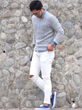 「1PIU1UGUALE3  RELAX （ウノピゥウノウグァーレトレ リラックス）の1PIU1UGUALE3 RELAX/別注ケーブルクルーネックニット（ニット/セーター）」を使った、Shintaroさん（メンズ・184cm）の冬コーディネート