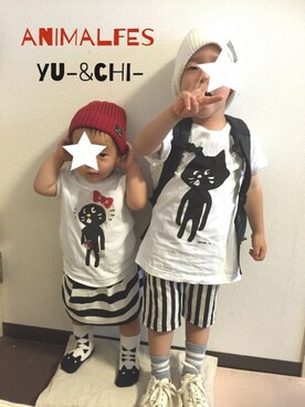 「にゃー」｜「アイテム（ニットキャップ/ビーニー）」を使った、Yu- & Chi-さん（キッズ・100cm）の夏コーディネート