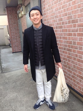 「エコバッグ」｜「アイテム（チェスターコート）」を使った、やまさん（メンズ・174cm）の冬コーディネート