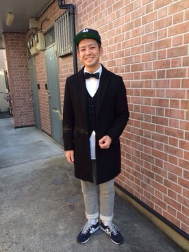 「ボウタイ」｜「アイテム（チェスターコート）」を使った、やまさん（メンズ・174cm）の冬コーディネート