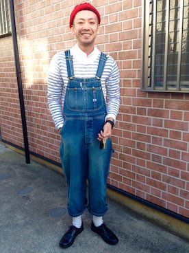 「ノーカラーシャツ」｜「アイテム（オールインワン・サロペット）」を使った、やまさん（メンズ・174cm）の冬コーディネート