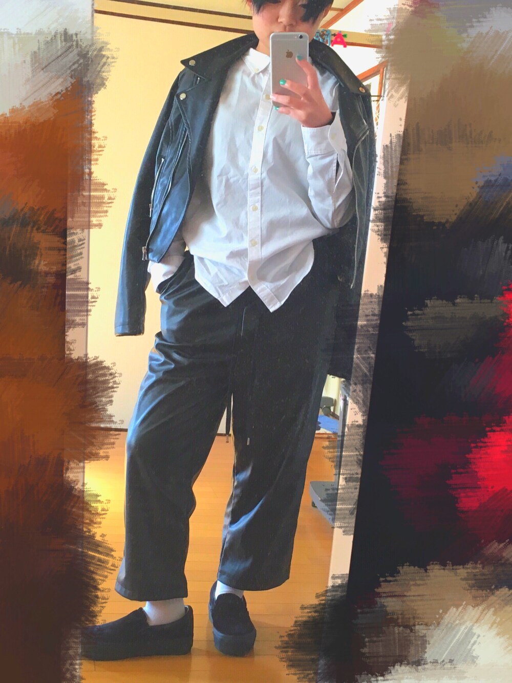 「シンプル、大人カジュアル、ZARA、boystyle、GAP、VANS、black and white、ライダース、レザー」｜「VANSのVANS ヴァンズ SLIP ON THICK スリッポン シック V98THICK OP BLACK（スリッポン、ブラック系）」を使った、ami@7さん（レディース・150cm）の春コーディネートの1枚目の写真
