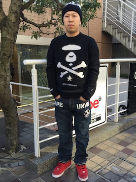 「AAPE BY A BATHING APE（エーエイプバイアベイシングエイプ）のアイテム（帽子）」を使った、松田 和真さん（メンズ・166cm）の冬コーディネート