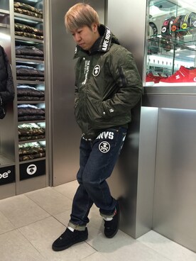 「AAPE BY A BATHING APE（エーエイプバイアベイシングエイプ）のアイテム（ジャケット/アウター）」を使った、松田 和真さん（メンズ・166cm）の冬コーディネート