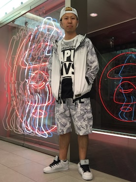 「AAPE BY A BATHING APE（エーエイプバイアベイシングエイプ）のアイテム（ジャケット/アウター）」を使った、松田 和真さん（メンズ・166cm）の春コーディネート