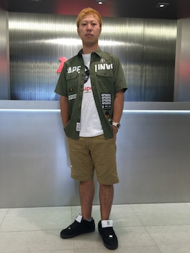 「AAPE BY A BATHING APE（エーエイプバイアベイシングエイプ）のアイテム（パンツ）」を使った、松田 和真さん（メンズ・166cm）の夏コーディネート