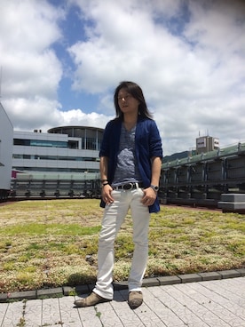 「ジャパンブルー」｜「アイテム（ステンカラーコート）」を使った、NAKASHIMAさん（メンズ・173cm）の夏コーディネート