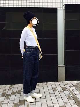 「スタッズベルト」｜「アイテム（帽子）」を使った、ヤエコさん（レディース・162cm）の秋コーディネート