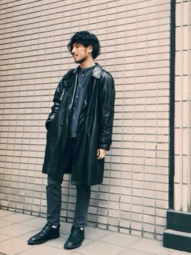 「ノーカラーシャツ」｜「アイテム（ダウンジャケット/コート）」を使った、Keirさん（メンズ・175cm）の春コーディネート