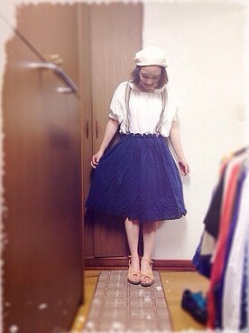 「ウェッジソール」｜「アイテム（ハンチング/ベレー帽）」を使った、bakeさん（レディース・160cm）の夏コーディネート