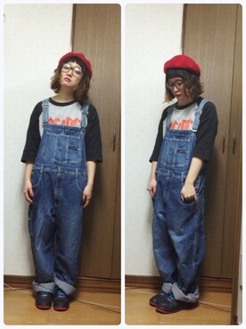 「バンドT」｜「アイテム（サロペット/オーバーオール）」を使った、bakeさん（レディース・160cm）の冬コーディネート