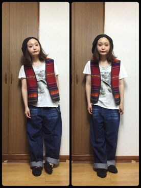 「アイテム（ベスト、レッド系）」を使った、bakeさん（レディース・160cm）の夏コーディネート