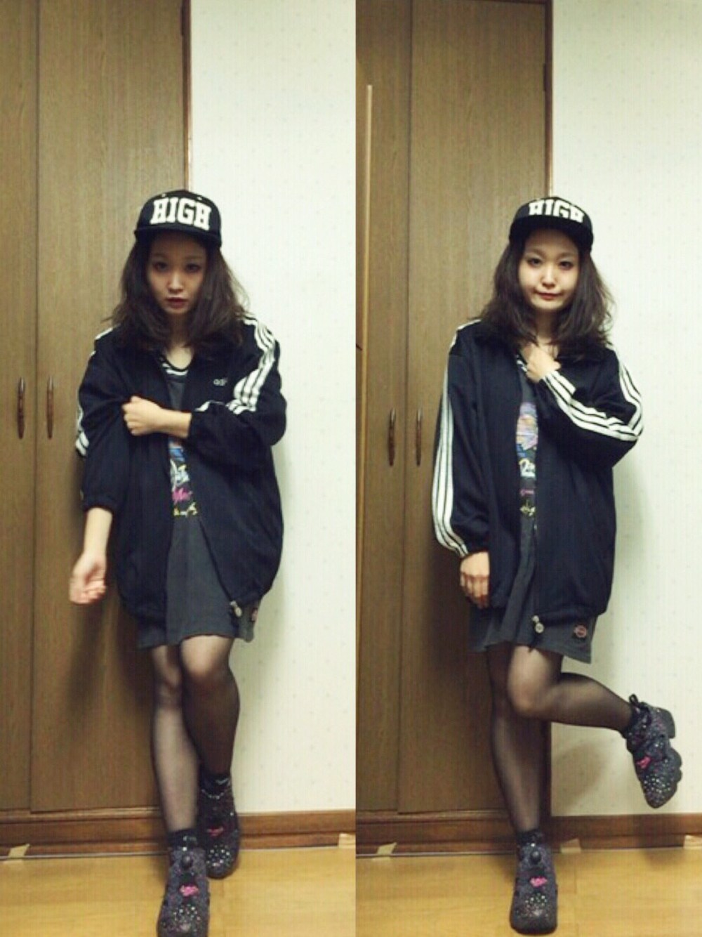 ブラック系のジャージ、ブラック系のスニーカー、ブラック系のタンクトップを着用したレディースの秋コーディネートの1枚目の写真