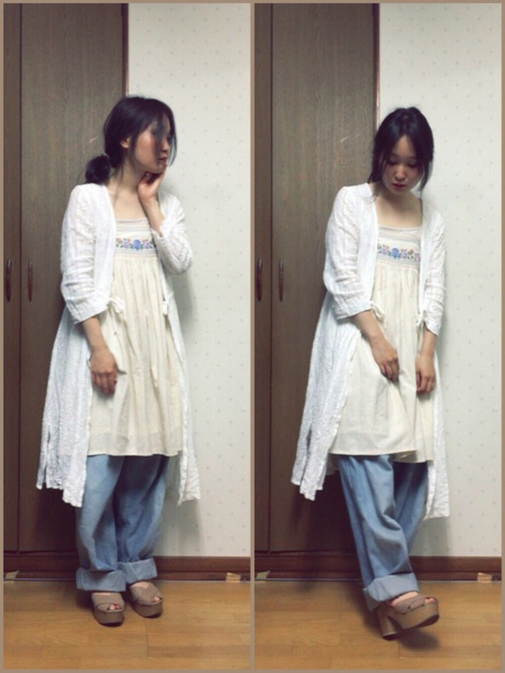 ホワイト系のワンピース、ホワイト系のワンピース、ブルー系のデニムパンツを着用したレディースの春コーディネートの1枚目の写真