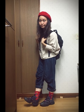 「ドルマンスリーブ」｜「アイテム（ハンチング/ベレー帽）」を使った、bakeさん（レディース・160cm）の秋コーディネート