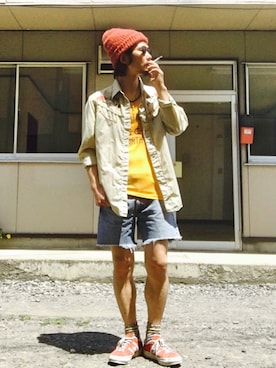 「膝上ショーツ」｜「アイテム（ニットキャップ/ビーニー）」を使った、ことりの昭和ちゃん ✅さん（メンズ・171cm）の春コーディネート