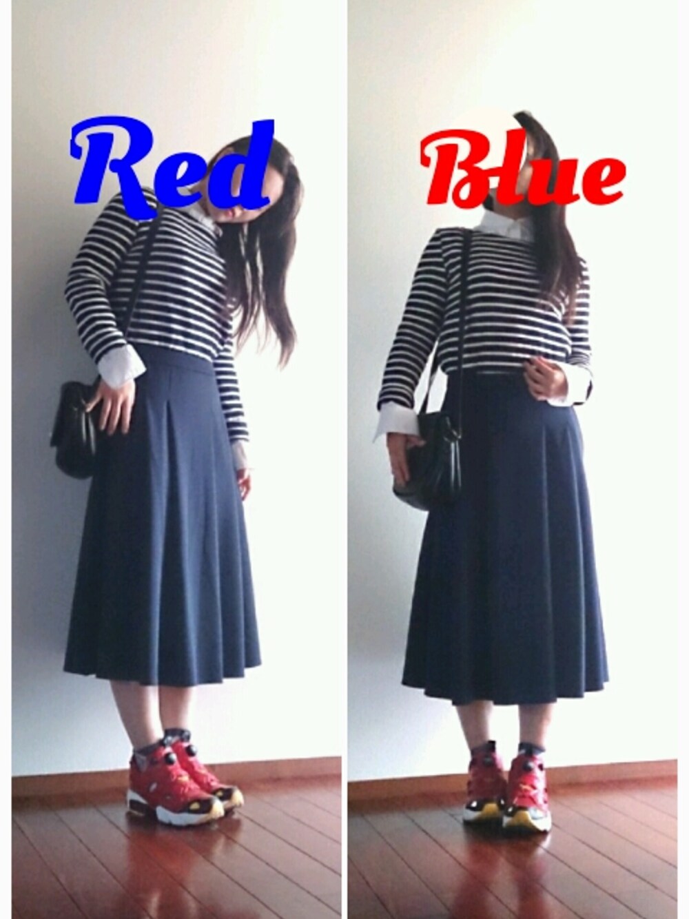 レッド系のスニーカー、ブラック系のショルダーバッグ、ブルー系のスカートを着用したレディースの春コーディネートの1枚目の写真