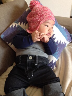 「PETIT BATEAU（プチバトー）のアイテム（ニットキャップ/ビーニー）」を使った、¥YENKUN¥さん（キッズ・70cm）の秋コーディネート