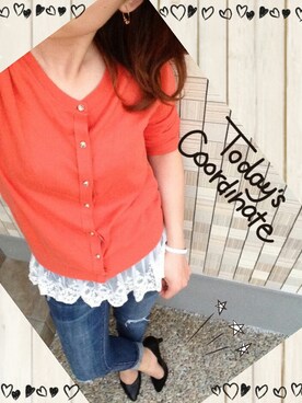 「忘れちゃいましたのカーディガン（カーディガン/ボレロ、オレンジ系）」を使った、ＹｕＲｉｅさん（レディース・157cm）の秋コーディネート